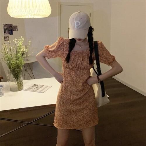 Dress Lace-up Square Neck Short-sleeved Floral Dress Female Summer New Style Skirt Korean Waist Short Skirt