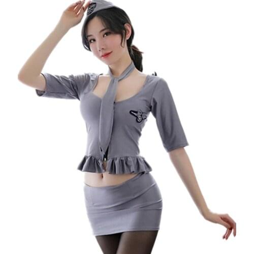 Sexy flight attendant Women Nylon Lingerie Erotic Cosplay Costume Erotic Set Latex Bodysuit High Elastic Nightwear Mini Dress