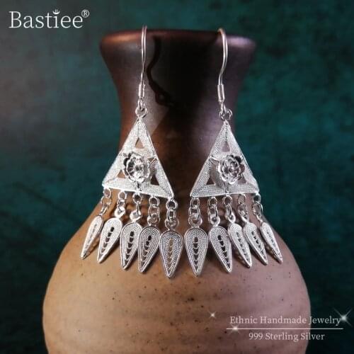Bastiee 999 Sterling Silver Triangle Drop Earrings For Women Tassel Earing Ethnic Hmong Handmade Luxury Jewelry Vintage Miao