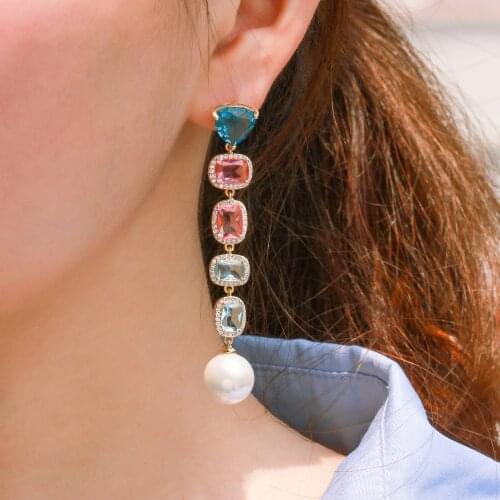 Beautiful Rectangle CZ Crystal Dangle Drop Long Pearl Tassel Earrings Cubic Zircon For Women Delicate Party Engagement Jewellery