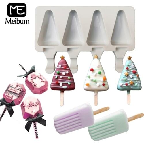 Meibum 4 Types Silicone Ice Cream Molds DIY 4 Cavity Popsicle Moulds and 50 Sticks Summer Freezer Juice Dessert Tools Cube Tray