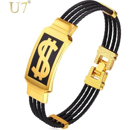 U7 316L Stainless Steel Bracelet Men Jewelry Fashion Gold Color US Dollars Pattern Bracelets & Bangles Wholesale H731