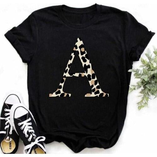 ABCD 26 Alphabet Letter Women T-shirt Girl A To Z Alphabet Combination Leopard Short Sleeve Casual Korean Style Tops,Drop Ship