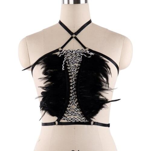 Womens Harajuku harness Sexy Gothic Feathers Body Harness Exotic Apparel Adjustable Crop Top Feathers Bondage Harness Polyester