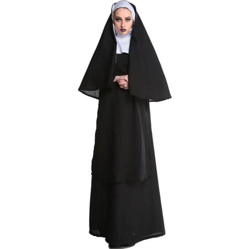 Women Maria Priest Halloween Masquerade Cosplay Jesus Costume Woman Man Adult Black Nun Robes