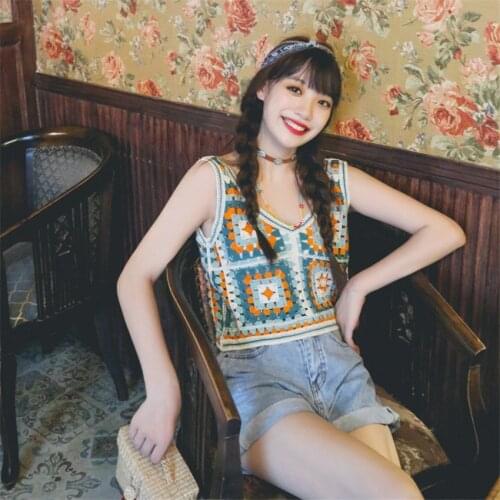 Bohemian Boho Retro Vintage Tank Tops Women Sleeveless Crochet Vest Waistcoat Knit Holiday Beach Wear Chaleco Mujer