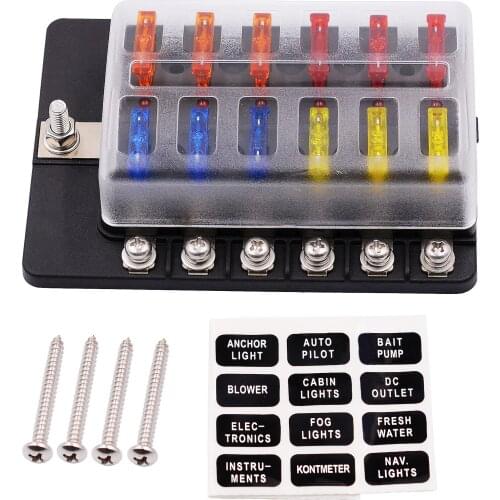 1pc 1 in 12 out Plastic Cover Blade Fuse Block M5 Stud With LED Indicator Light For Car Boat Marine Fuse Box Holder