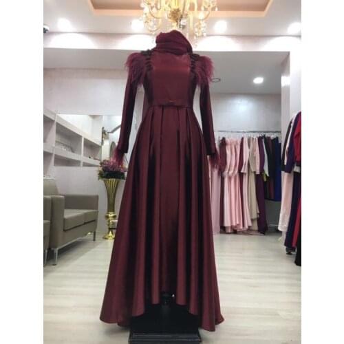 Satin Feather Appliques Long Sleeve Muslim Prom Dresses 2021 High Neck Formal Evening Party Gowns Saudi Arabia Dubai Robe