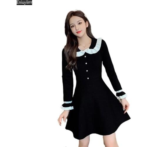 Black Fit And Flare Dress Women 2020 Autumn Winter Button Peter Pan Collar Cute Mini High Waist Knit Sweater Dresses 0128