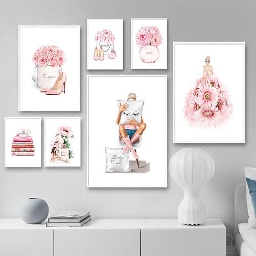Pink Perfume Bottle High Heels Decoration Mural Color Poster Canvas Painting and Girl Room Wall Art Prints for Modern Home Decor