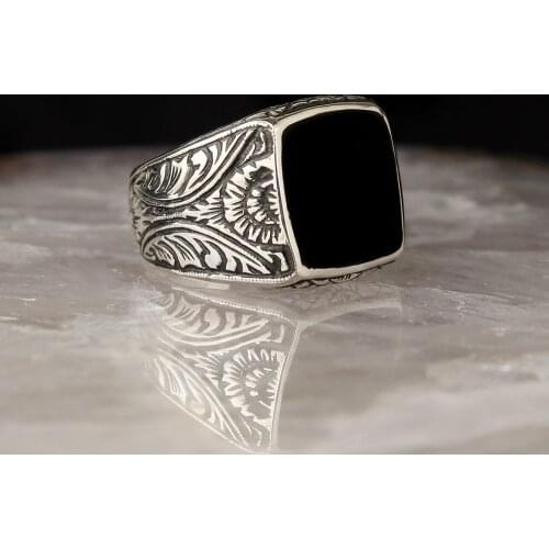 Custom Carved Enamel 925 Sterling Silver Men 'S Ring