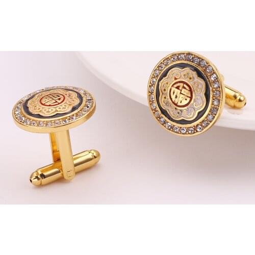 Classic Gold-Color Plated Rhinestone Copper Black Painting Mens Cufflink Wedding Suit Shirt Buttons Cufflinks