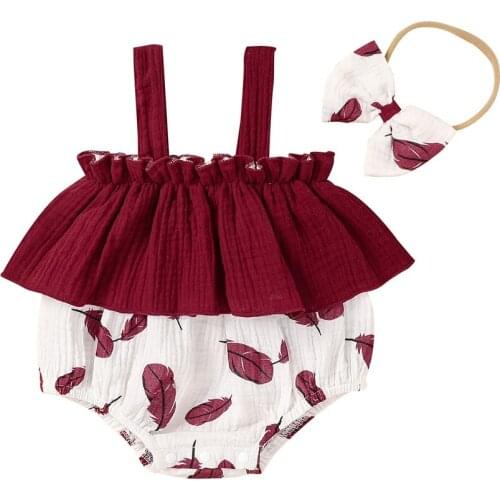 Baby Girls Two-piece Clothes Set, Wine Red Boat Neck Sleeveless Romper and Headdress