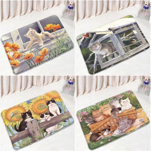 Cute Cat Bath Mats Cartoon Animal Flowers Sunflower Hand Painted Art Door Pad Bedroom Floor Mat Bathroom Non-slip Rug Home Decor