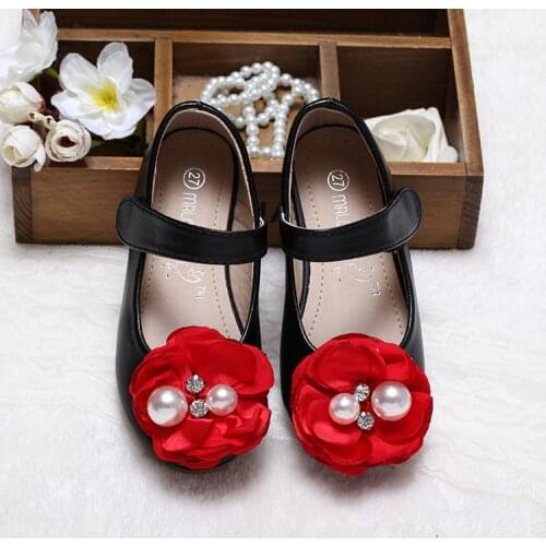Girls Leather Shoes Kerea Children Pearls Flowers Black Red Pink Dress Shoes Kids Princess Students School Shoes wedding party s