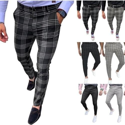 Fashion Check Social Pants Mens Casual Slim Formal Business Stretch Pants Mens Classic Wrinkle Check Pants