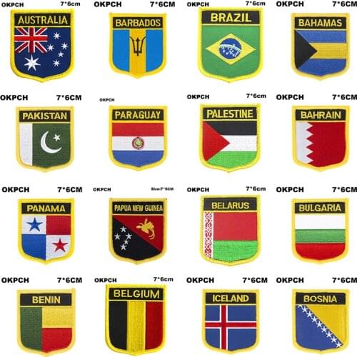 Shield Shape Flag Patches Australia Barbados Brazil Bahamas Pakistan Paraguay Palestine Panama Belarus Belgium
