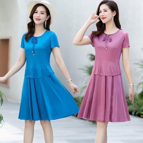 2021 New Womens Summer Dresses High Waist Vintage Short Sleeve Lace-up Elegant Draped Knee-length Plus Size Midi Dress X98