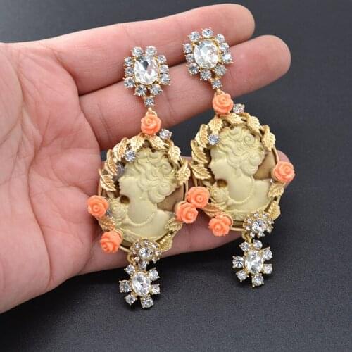 New European And American Exaggerated Beauty Head Earrings Baroque Retro Full Gem Metal Long Antique Ear Jewelry Female