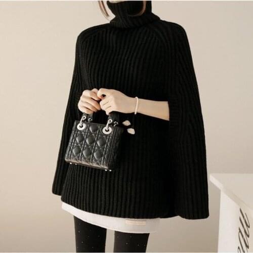 Autumn Winter Fashion Cloak Women Poncho Batwing Knitted Tops Loose Oversize Sweater Female Sexy Turtleneck Sweaters Khaki 2021