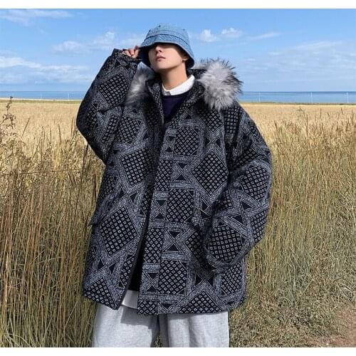 Winter Mens Loose Parkas Coat Hooded With Fur Collar Warm Outwear Plus Size 5XL Black White Blue N22