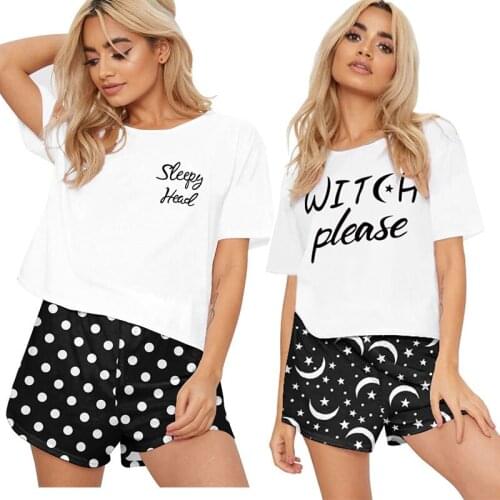Women Pajamas 100% Cotton Sleepwear Black White Dot Moon Home Clothes Summer 2pcs Tops+Shorts Pjs for Woman Loungewear Sets