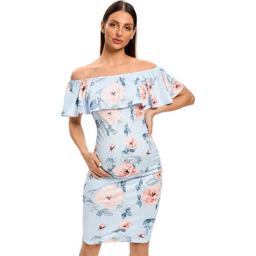 Summer Womens Elegant Floral Ruffle Off Shoulder Maternity Dress Sleeveless Pregnancy Clothes Fitted Bodycon Dress for Photo