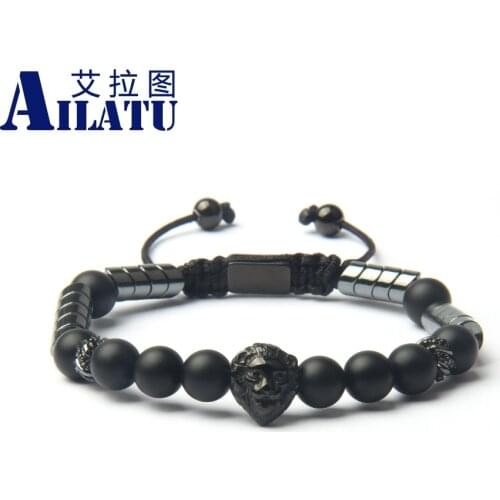 Stainless Steel Black Lion Head Braiding Bracelets Natural Matte Onyx Stone Jewelry Provide Free Logo Service Rope Chain