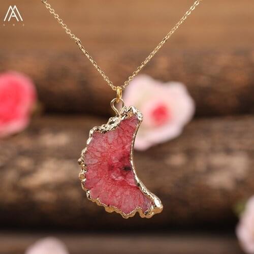 Simple Women Druzy Agates Solar Flower Crescent Moon Pendant Chains Necklace Bohemia Geode Stone Flower Beads Necklace Jewelry
