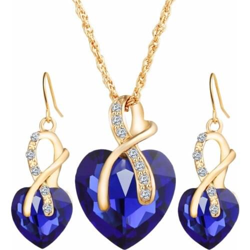 Luxury Gold Love Crystal Heart Pendant Jewelry Sets For Women Chain Necklace Earrings Jewellery Set Bridal Wedding Accessories