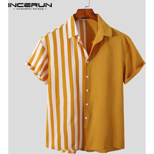 INCERUN 2021 Summer Men Casual Shirt Brand Striped Patchwork Lapel Short Sleeve Camisas Streetwear Button Leisure Men Clothing