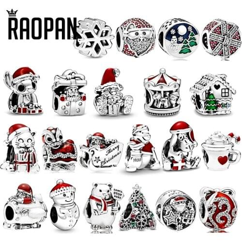 RAOPAN Silver 925 Charm Beads Christmas Hat Gift Box Fruit Cute Charms Suitable for Holiday Gifts