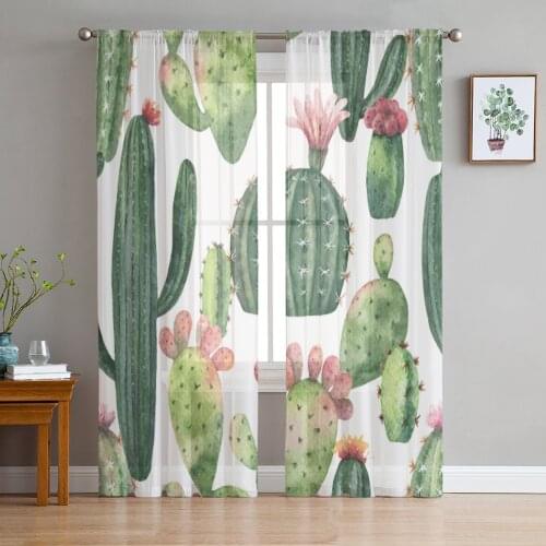 Tropical Green Plant Cactus Tulle Sheer Window Curtains for Living Room Kitchen Children Bedroom Voile Hanging Curtain