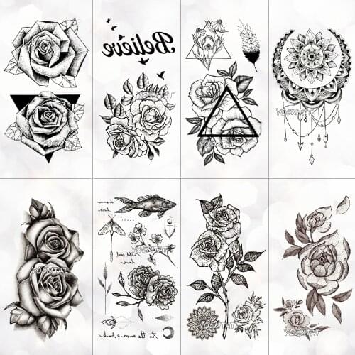 Waterproof Temporary Tattoo Stickers On The Body Art Temporary Men Tattoos Lines Rose Fake Tattoo Stickers Temporary Tattoos