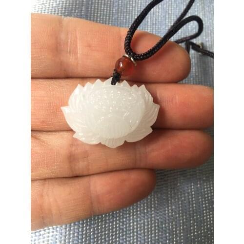 Beautiful jewelry,Buddhist Pure White Jade Lotus Pendant + Rope Chain size:3.5x2.3x1.1cm