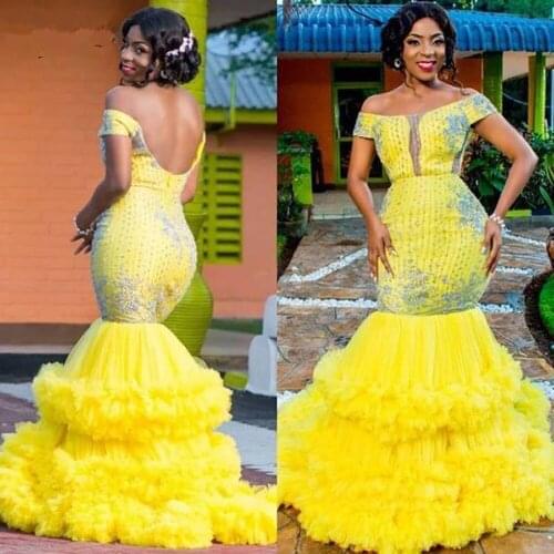 Aso Ebi Yellow Mermaid Prom Dresses Off The Shoulder Backless Lace Appliques Beads Tiered Evening Gowns Ruffles Sweep Train