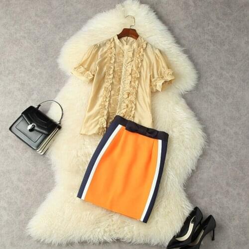 European and American womens wear for summer 2021 Short-sleeved shirts standing collars Bow tie matching skirt Fashion suits