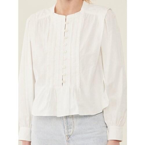 Women Shirt White Pleated O-neck Single Breasted Long Sleeve Loose Simple Blouses