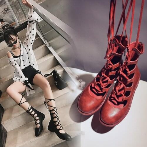 INS HOT Women ankle Boots 2020 Fashion Shoes Woman Genuine Leather cow leather Boots Hollow roman sandals Summer boots