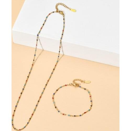 ZMZY Sets Slim Simple Stainless Steel Chain Bracelets Necklaces for Women Golden Color Link Chain Beads Ladies Jewelry Set