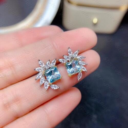 Natural aquamarine topaz earrings 925 silver womens earrings fresh and simple design