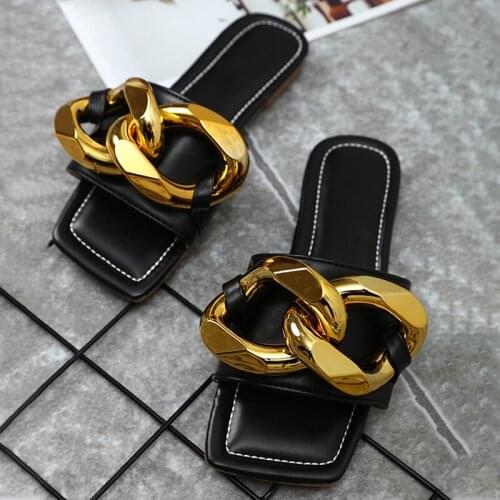 2021 Summer Womens Outdoor Slippers Chain PU Leather Solid Elegant Ladies Shoes Comfortable Classics Women Footwear Fashion
