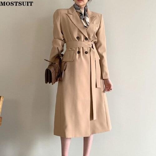 Chic Elegant Double-breasted Long Blazer Coat Women Full Sleeve Notched Collar Belted Suit Jacket Solid Workwear Ladies Outwear