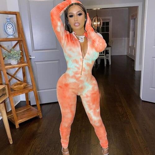 Plus Size Knitted Ribbed Tie Dye Print Rompers Womens Jumpsuit Zipper Long Sleeve Fitness Skinny Overalls for Women Club Outfits