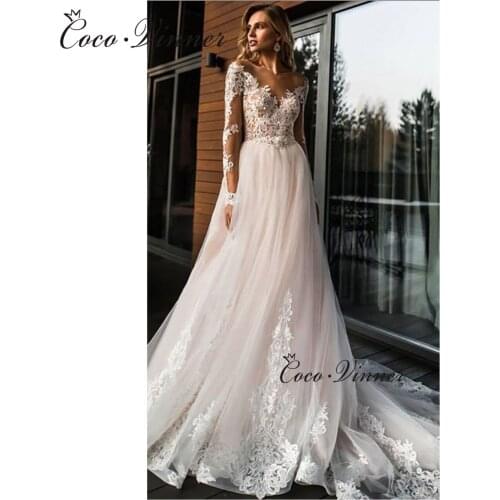 Appliques Illusion Long Sleeves Embroidered Lace on Net Tulle Wedding Dressess Backless Button Noble Champagne Bridal Gown W0575