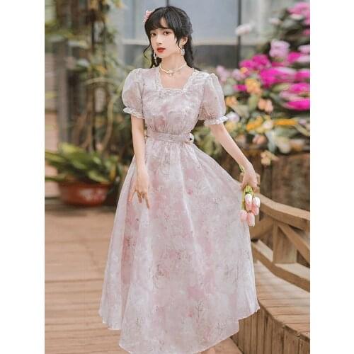 2021 Summer New Womens Japanese Girl Sweet Wind Square Neck Puff Sleeve Floral Long Dress Bohemia Travel Beach Seaside Dress