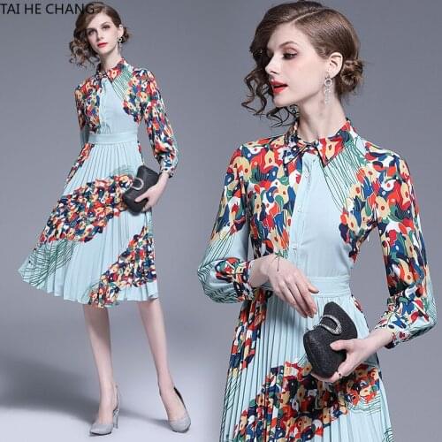 Women Dress Summer Spring Elegant Bodycon Vintage Party Runway Casual Print Long Sleeve Midi Pleated Shirt Office Work Dresses
