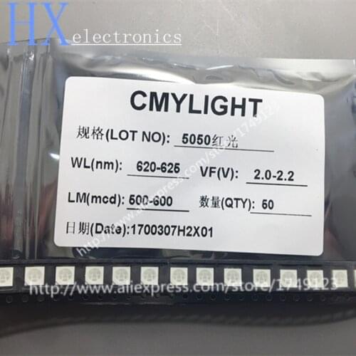 Free shipping 1000PCS 5050 RED LED SMD 5.05.0MM 620-625nm 600-800mcd 2.0-2.2v 120 angle super bright light beads RoHs