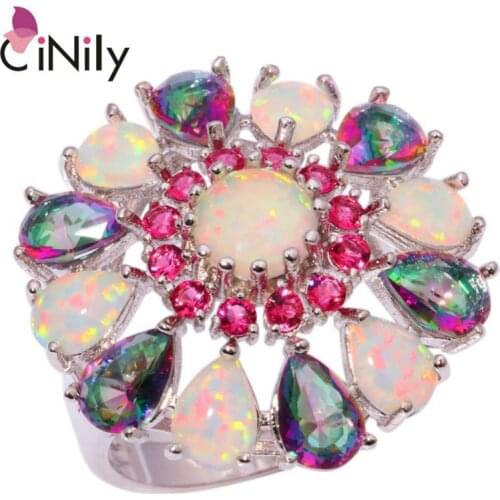 CiNily Lavish White Fire Opal Rings Silver Plated Rainbow Mystic Zircon Stone Kunzite Rose Red Garnet Party Flower Jewelry Women