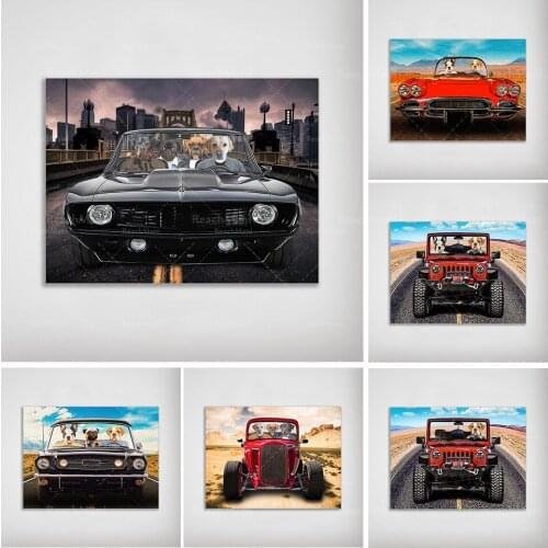 Fashionable Nordic car posters, stylish dogs riding in the car, decorative posters, unique gifts on art wall